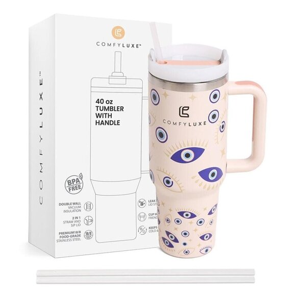 Evil Eyes Printed 40oz Double Wall Stainless Steel Tumbler With Handle - Picture 2 of 3